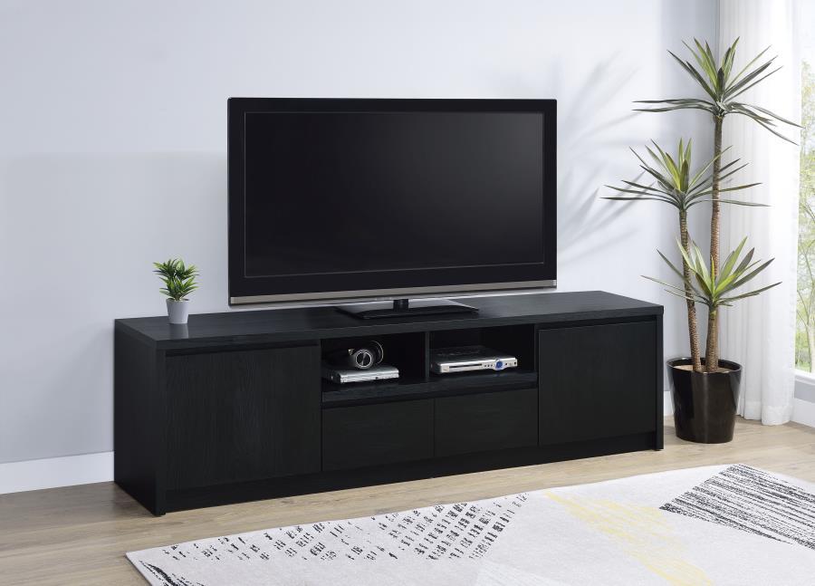 This sleek entertainment center combines a contemporary black finish with practical storage solutions. Made from durable engineered wood, itâ€™s topped with a scratch-resistant eco-friendly laminate veneer. The unit includes two cabinets for concealed sto