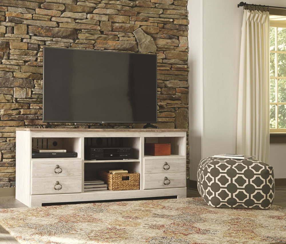 This TV stand with fireplace option is the ultimate statement piece for a coastal cottage or shabby chic inspired retreat. Its whitewash finish is wonderfully easy on the eyes. Paired with the TV standâ€™s unique plank-style top, itâ€™s a driftwoody look 