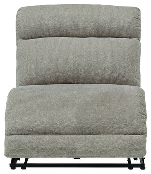 This armless power recliner is made with polyester upholstery. Pairs with other items in the series to make a sectional.<br><br><b>Additional Dimensions</b><br><ul><li>Distance between recliner and wall: 3-"</li><li>Fully reclined length: 65-"</li><li>Min