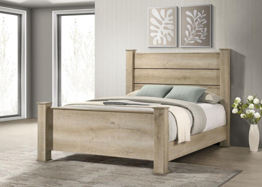 This transitional bed frame combines rustic charm and modern design with its horizontal planked headboard and clean silhouette. Finished in weathered oak, it is made from engineered wood with a scratch-resistant, eco-friendly veneer for enhanced durabilit