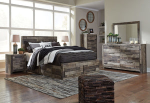 Derekson - 7 pzas. - Cómoda, espejo, cama Queen con paneles y 6 cajones de almacenamiento - Gris multicolor