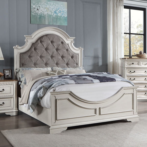 Classic design elements never go out of style the Florian collection is designed for the traditional home. The antique white finish gives off the right amount of distressing for a worn-in feel. The bed features a button-tufted portman-style headboard that