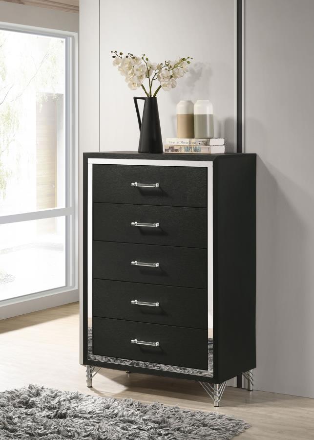 Inspired vintage touches create a refined sensibility for a modern five-drawer chest. Its tall, compact profile is ideal for a dressing area, offering plenty of storage with five roomy drawers that host everything from clothing and accessories to linens a