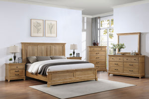The Sunstone 6 Piece Wood Bedroom Set in Honey Brown includes a Panel Bed, dresser, mirror, chest, and two nightstands, all crafted with durable, quality construction using solid rubberwood, manufactured woods, and hickory wood veneers. This collection sh