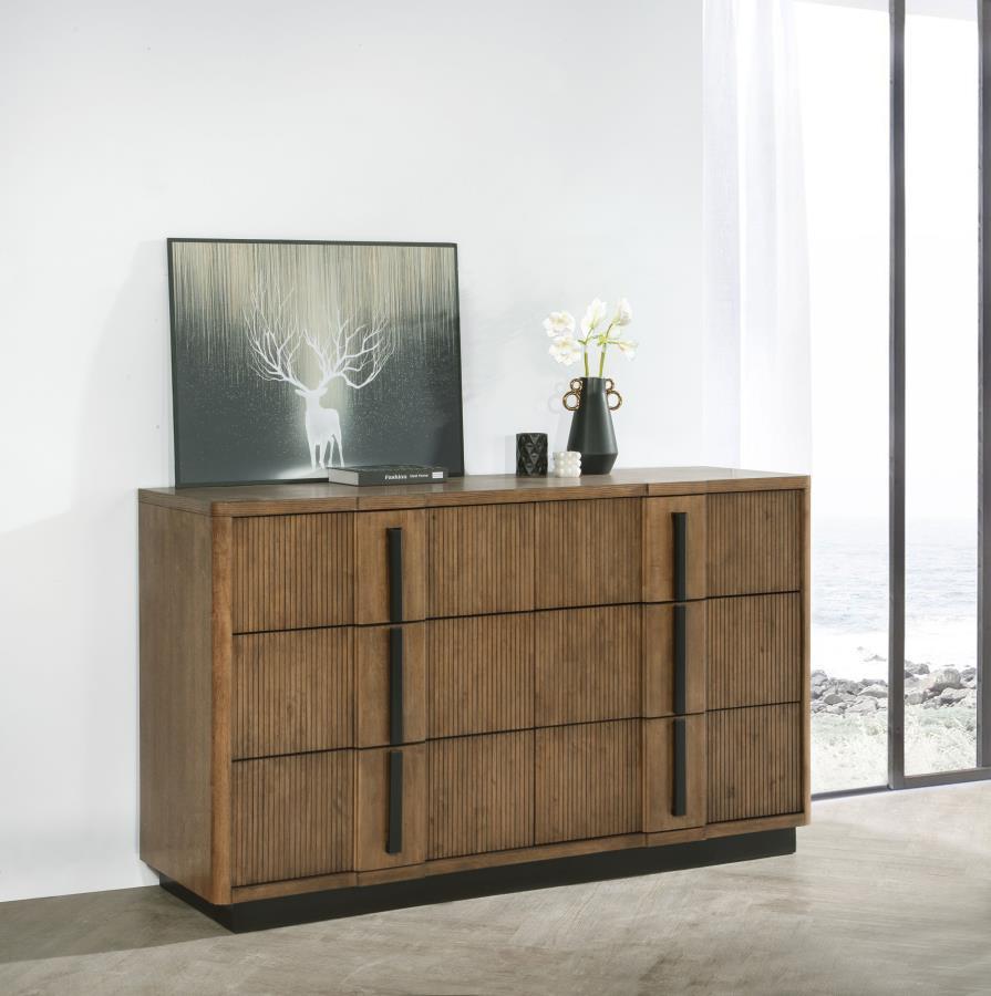 Add a stylish platform for decor and ample storage for clothing with a modern six-drawer dresser. Crafted with a cool ash brown wood grain finish, the dresser features decorative drawer fronts that turn it into a true show piece in your bedroom. Drawer fr