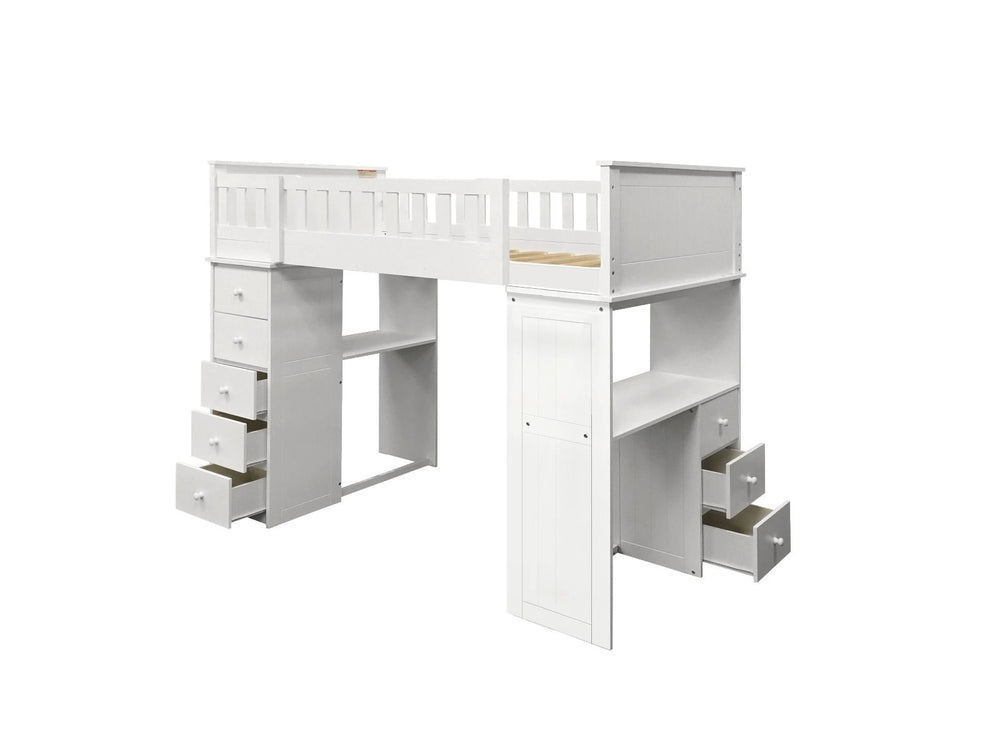 KD, Twin Loft Bed Slat System Included (16 Slats) Not Reversible (RF Desk, LF 5Drw Chest) RF Front Ladder (Not Reversible/Removable) Easy Access Guard-Rail (Top Bed) Twin Bottom Bed Sold Separately Clearance Between Floor and Top Bed: 48 Inches (1213mm)<b