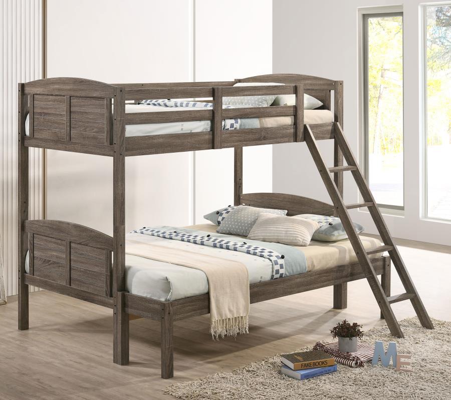 A casual country vibe carries the space with this rustic bunk bed, perfect for compact bedrooms and shared sibling spaces. A weathered brown finish lends a neutral hue to transform a space into a serene, restful retreat. Along the top bunk are safety guar