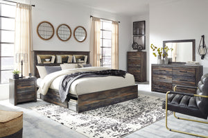 When merged in just the right way, rustic and industrial styles can make one happy marriage. Case in point: this bedroom group. A refined take on barn board beauty, its complex, replicated wood grain showcases hints of burnt orange and teal tones for a se