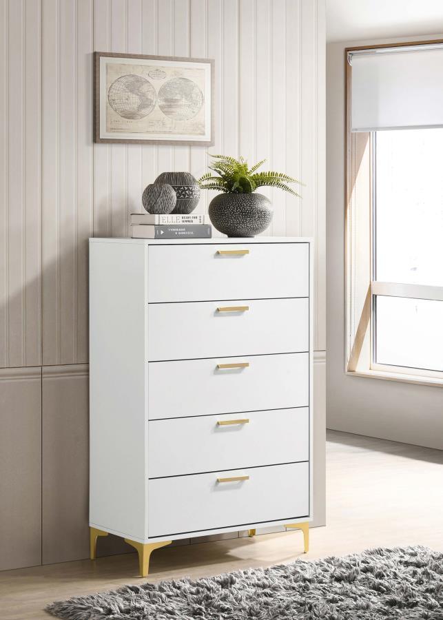 Open up your tight bedroom floor plan with this stately modern glam chest. Five spacious drawers stacked on top of one another keep garments and bedroom essentials stowed away and organized, helping you find what you need fast. A bright, white finish offe