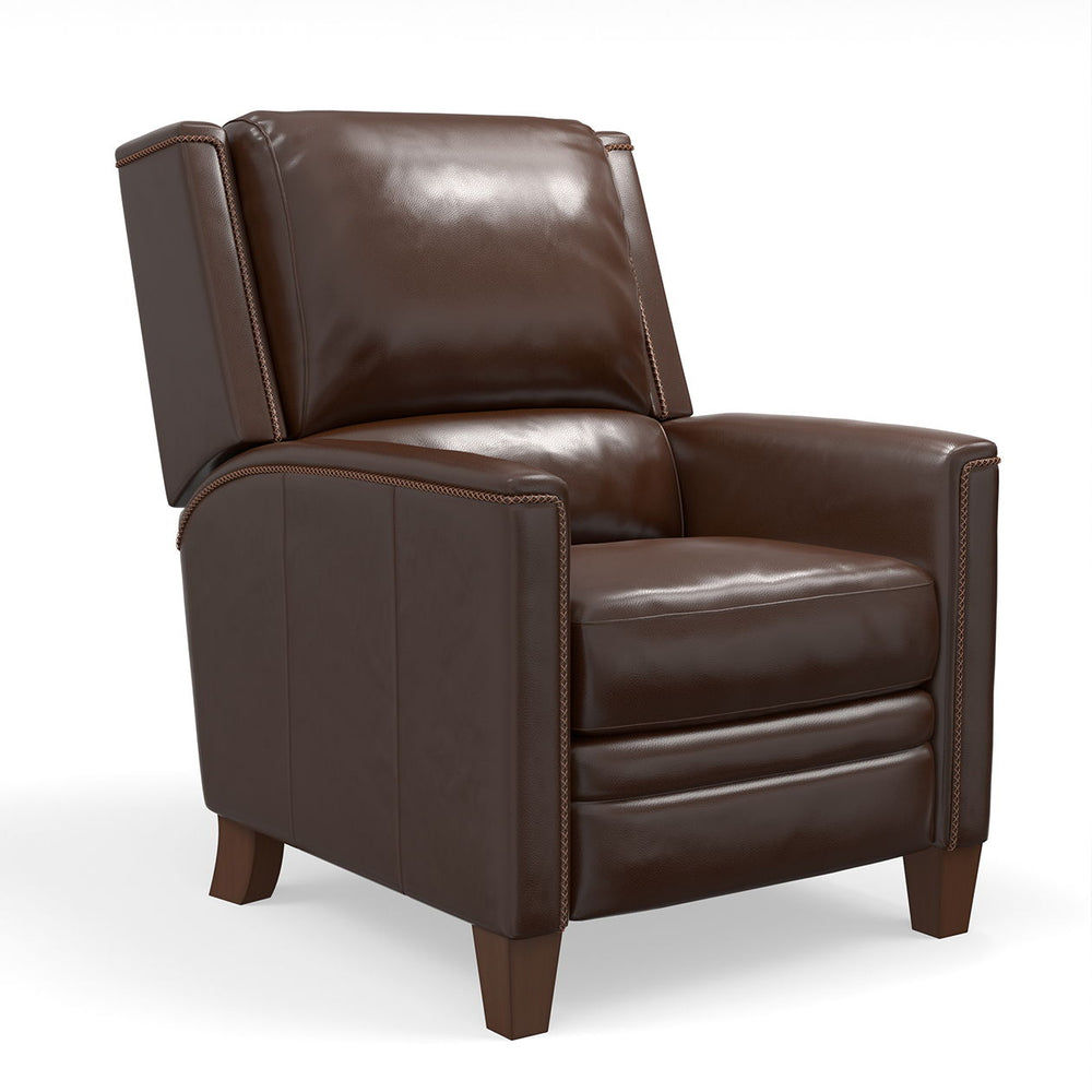 The Connor recliner boasts an effortless power recline for seamless relaxation. Upholstered in the finest soft leather with a custom match, it exudes sophistication. The decorative twisted rope stitching detail adds a touch of elegance, while the high leg