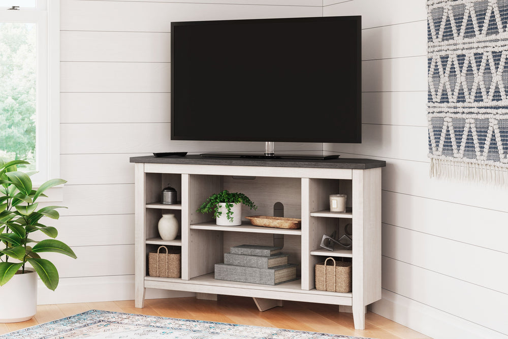 With its minimalist charm, this TV stand is right in tune with your relaxed approach to high style. Beautifully shaped to nestle into any corner, itâ€™s well equipped with a flexible open-concept design and cutouts for wire management that enhance the cle
