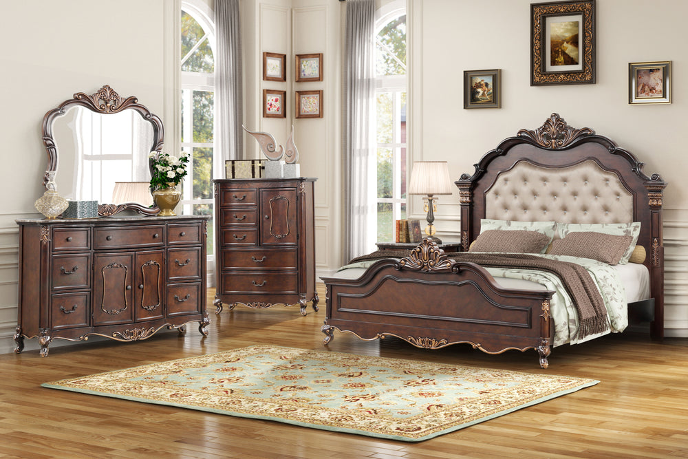 The Constantine 4 Piece Wood Bedroom Set by Royal Classics epitomizes timeless elegance and refined craftsmanship. This set, featuring a stately Bed, 6 Drawer Dresser, Mirror, and 5 Drawer Chest in a rich Cherry finish, is designed for those who appreciat