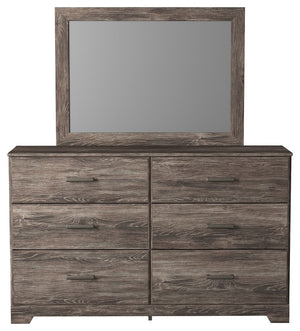 With its clean-lined look and modern attitude, this dresser and mirror is a fresh style awakening. Warm gray hue over replicated oak grain easily complements other furniture finishes. Smooth drawer fronts with antiqued pewter-tone handles completes the ae