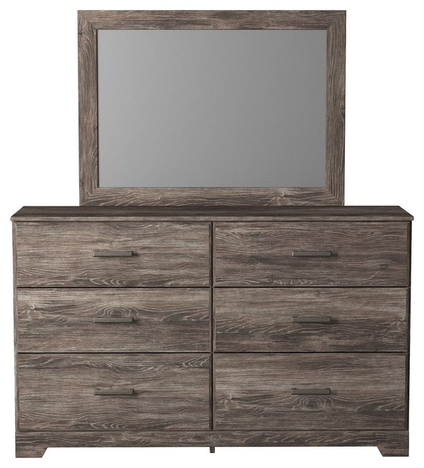With its clean-lined look and modern attitude, this dresser and mirror is a fresh style awakening. Warm gray hue over replicated oak grain easily complements other furniture finishes. Smooth drawer fronts with antiqued pewter-tone handles completes the ae
