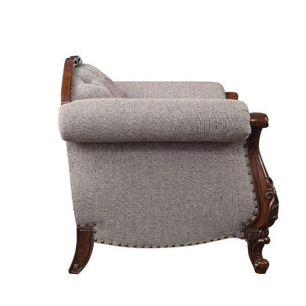  the Miyeon sofa set in cherry finish is full of handsome details. Nailhead trim along the padded seat base runs up the scrolled arms and arched seatbacks. Button tufting on the seatbacks makes th