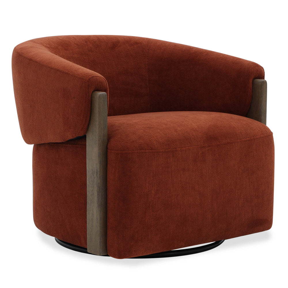 The stylish and comfortable Tatum accent chair features a 360-degree swivel for easy movement and a charcoal-finish wood surround base for a modern look. The cozy club chair design with shelter arms contains an integrated seat cushion, providing a relaxin