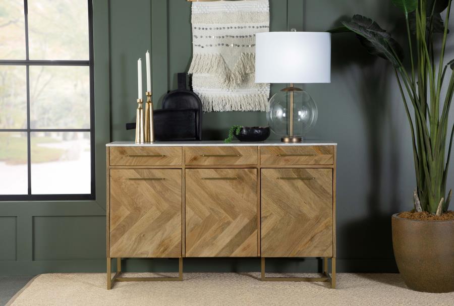 Elevate your space with this striking accent cabinet, blending natural wood tones with modern sophistication. Crafted from eco-friendly solid mango wood, the cabinet features a bold chevron pattern that adds depth and character. A sleek marble top offers 