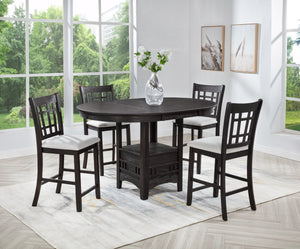  round table features a removeable leaf and a open shelf base