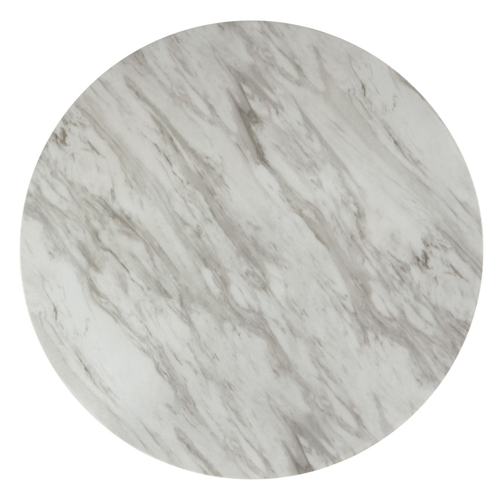 The 48â€ Round Celeste Dining Table is meticulously crafted for enduring quality with solid Rubberwood legs and durable manufactured wood components. The heat and water-resistant faux marble top, finished with a glossy coat, not only adds a touch of cont