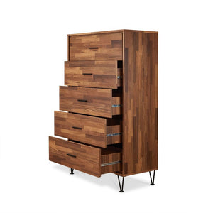  five drawers with metal drawer handles. Crafted with multi shades of wood