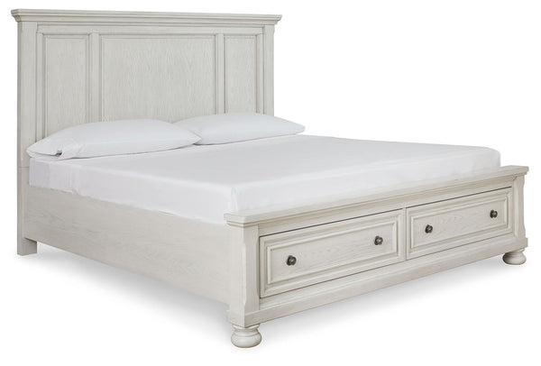 Elegant, timeless furnishings take your bedroom to the next level. Nothing does that better than this king panel storage bed. The antiqued white finish with a wonderful grain texture radiates sophistication, while the dark bronze-tone hardware adds an orn