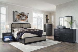 Rowanbeck - 4 pzas. - Cómoda, espejo, cama tapizada tamaño king - Gris / negro