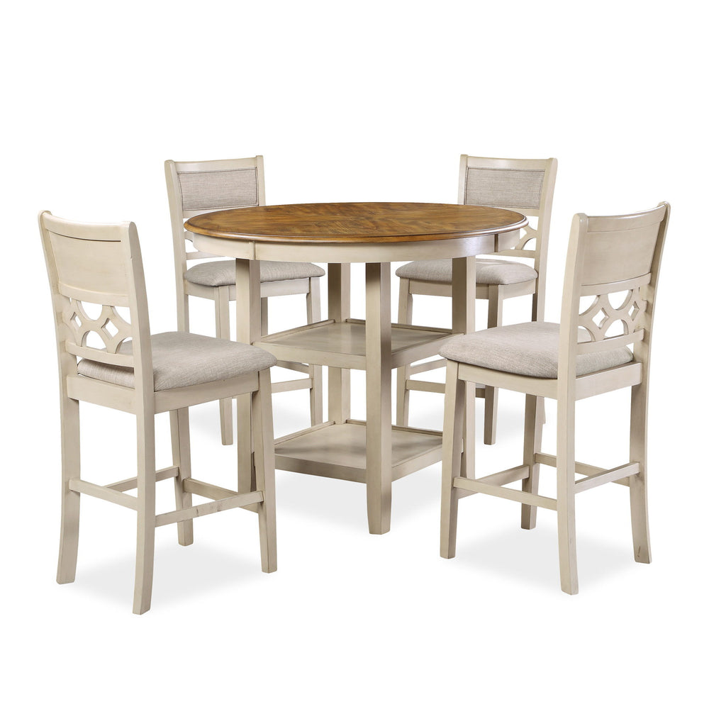 The farmhouse appeal of the Mitchell 5 Piece Counter Dining Table and Chair Set is beautifully created with durability and comfort in mind. This dining set provides spacious seating for four and 2 handy storage shelves located under the table top to displ