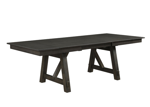 Make a bold statement in your dining space with this modern yet rustic set, designed for both style and functionality. The sleek rectangular table features dual draw leaves and a striking trestle base, adding a contemporary touch with a sturdy foundation.