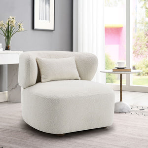 featuring a cozy pillow and upholstered in luxurious red and beige boucle fabric. Its modern design