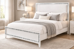 Classic design with touches of modern aspects makes this Haiden Collection ideal for any bedroom. The bed offers a cream fabric padded headboard with LED light. It also features a glamorous shimmering silver accent trim that adds richness to design. The w