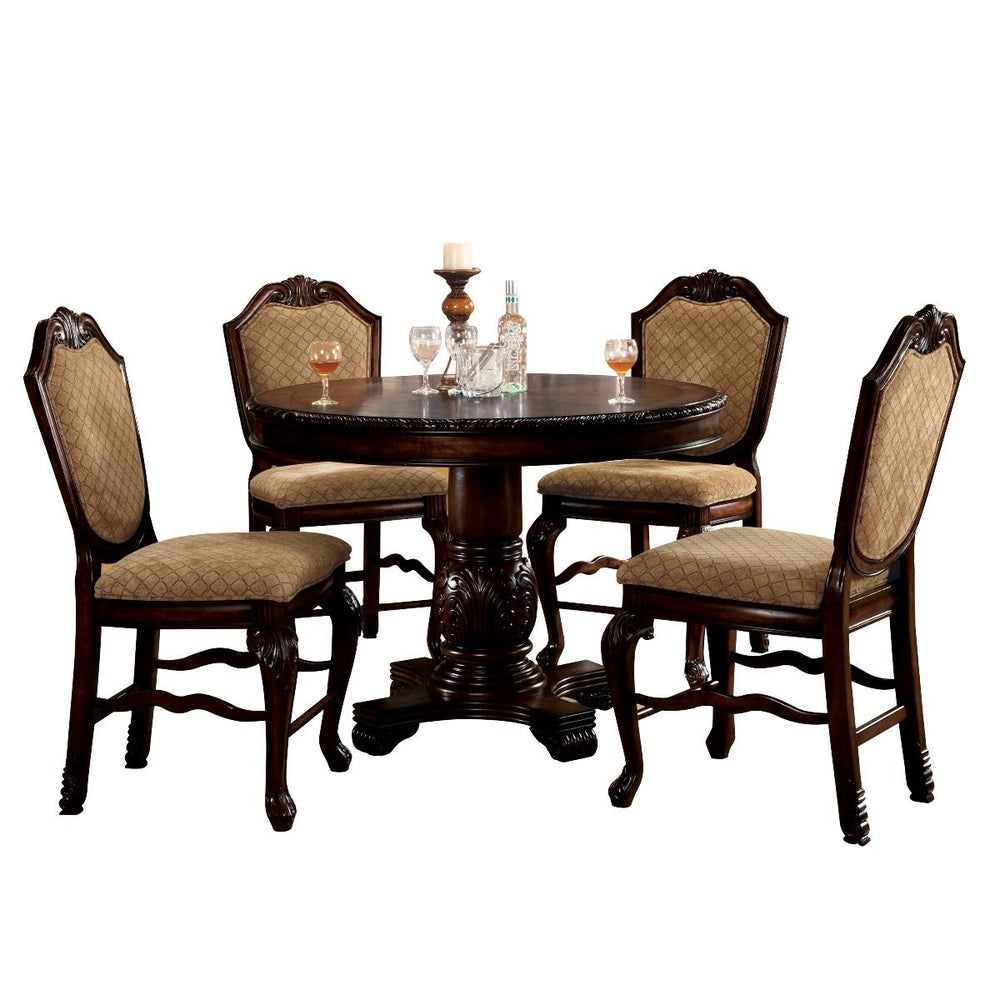 Round Single Pedestal Table Wooden Top with Grooved Trim (NO Extension) Wooden Pedestal with Raised Floral Motifs Padded Seat & Back Wood Queen Anne Leg Matching Hutch & Buffet with Light Function, Buffet Drawer: Center Metal GLIDE Drawer , Felt Lined Top