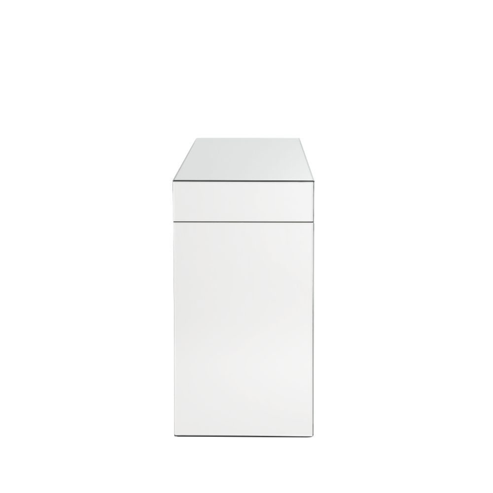 Assambled, Rectangular Vanity Desk Beveled Mirrored Finish, Clear Glass with Faux Crystal Inlay (Back Unfinished) Orientation: Free Standing NO Storage (Open Base) CONSTRUCTION Top & Apron: Mirror, MDF (Fixed Top) Mirrored Sled Base: Beveled Mirror, 4mm C