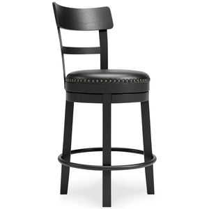  table or counter with this upholstered swivel bar stool. The sturdy wood frame with contoured backrest is beautified with an antiqued black finish thatâ€™s a welcome change from the everyday ordinary. For your co