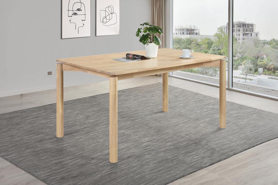 Introduce a natural and refreshing ambiance to your dining space with this solid wood dining table. Designed with a clean, minimalist aesthetic, this table features a 59-inch length that perfectly balances functionality and style. The smooth finish enhanc