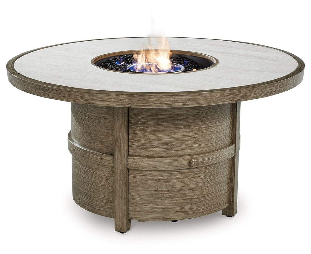 Experience the perfect combination of durability and style with this outdoor fire pit table. An aluminum frame with a wood-look finish maintains a sleek, contemporary aesthetic, while the sintered stone tabletop adds an element of natural elegance. A stai