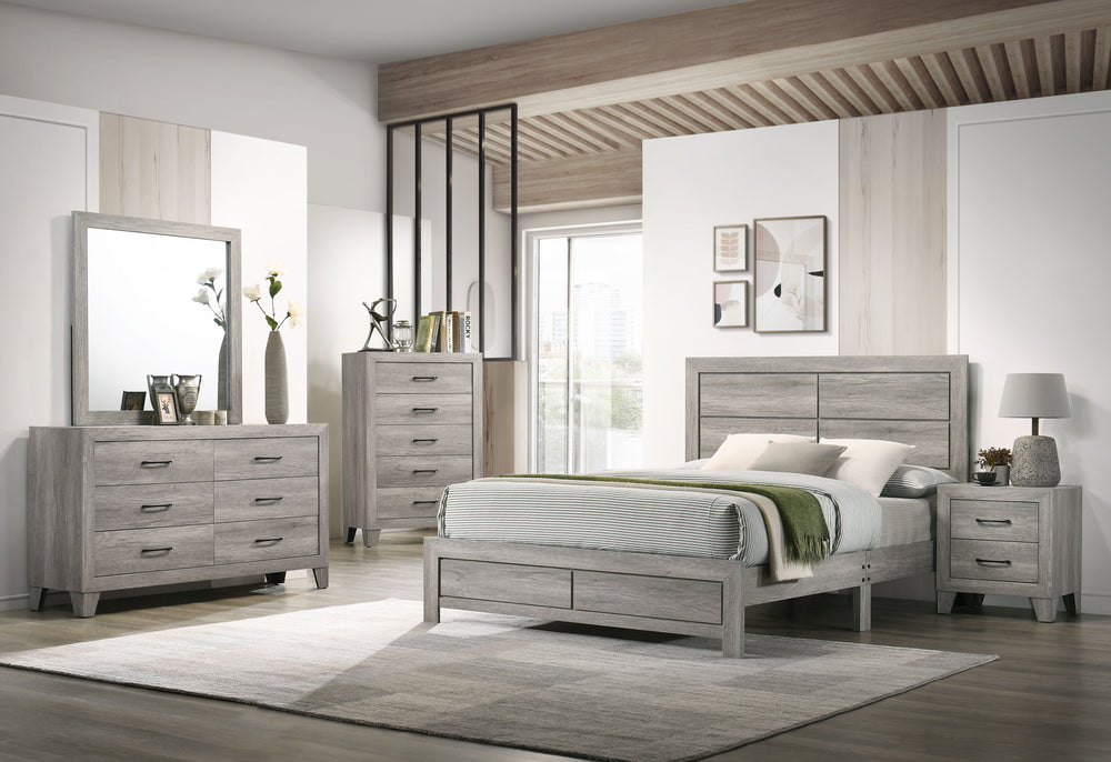 This bedroom set exudes a refreshing, contemporary charm with its light wood grain finish, embodying a serene and airy aesthetic. The bed is a minimalist-'s dream, with a simple yet stylish headboard that brings a sense of calm to the space. Accompanying 