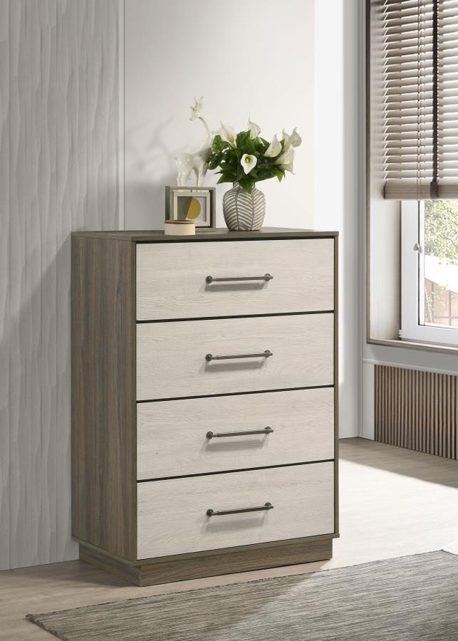 Enhance your bedroom with the elegant functionality of this four-drawer chest, designed to offer ample storage space while adding a touch of contemporary style. The sleek two-tone melamine finish blends natural wood tones, creating a modern aesthetic that