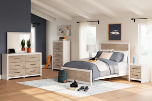 Two toned with a matte white finish and a dry, light finish with replicated oak grain and authentic touch. Cases feature a framed front and pilasters. Contemporary handles in an antiqued gunmetal finish. Side roller glides for smooth operating drawers. Dr