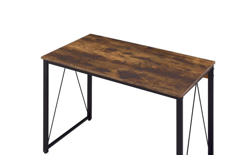 Simple, bold, and appealing, the Zaidin Desk will give your workplace a distinct look with rustic industrial style. Founded atop a black-finished metal base that is accented with reverse -"V-" shaped support, the distressed wooden table with minimal detai