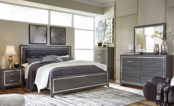 Lodanna - 7 pzas - Cómoda, espejo, cama King con cabecero y piecero, 2 mesitas de noche - Gris