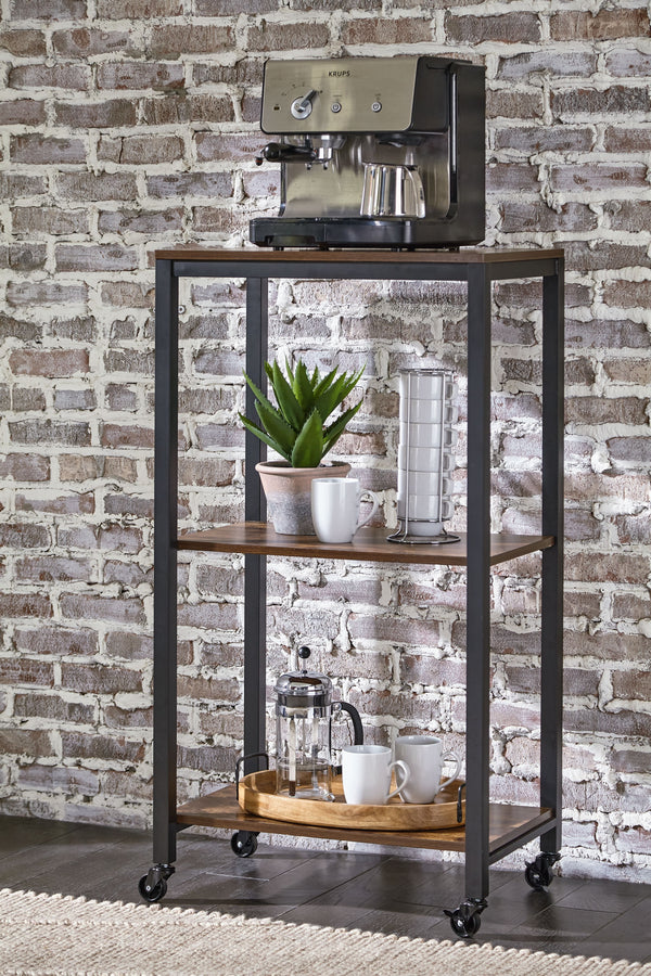  with black metal rails and an antiqued brown wood finish on the three shelves for a relaxed feel. Smooth-gliding casters offer easy mobility.<br><br><b>Additional Dimensio