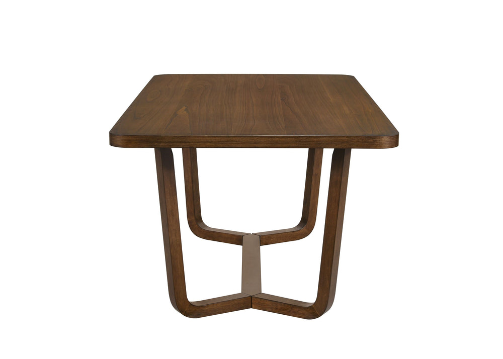Elevate your dining space with this sleek and sophisticated dining set, designed to seamlessly blend modern elegance with mid-century inspiration. The beautifully crafted table features a warm wood finish and a unique sculptural base, adding a refined tou