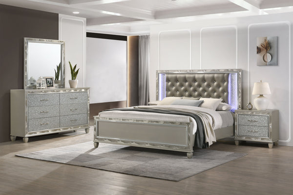 Discover the Radiance Western King 4 Piece Bedroom Set, comprising a Bed, Dresser, Mirror & Nightstand, meticulously crafted for enduring stability and durability from a combination of Solid Rubberwood and manufactured woods. Its semi-gloss lacquer Platin