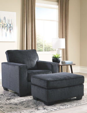 For a fresh spot in your space, turn to this designer chair and ottoman. Wind down at the end of a long day when you sink into this canyon of comfort. <h4><b>Altari - Slate - Chair</b></h4> <table width=-"100%-"><colgroup><col style=-"width: 30%