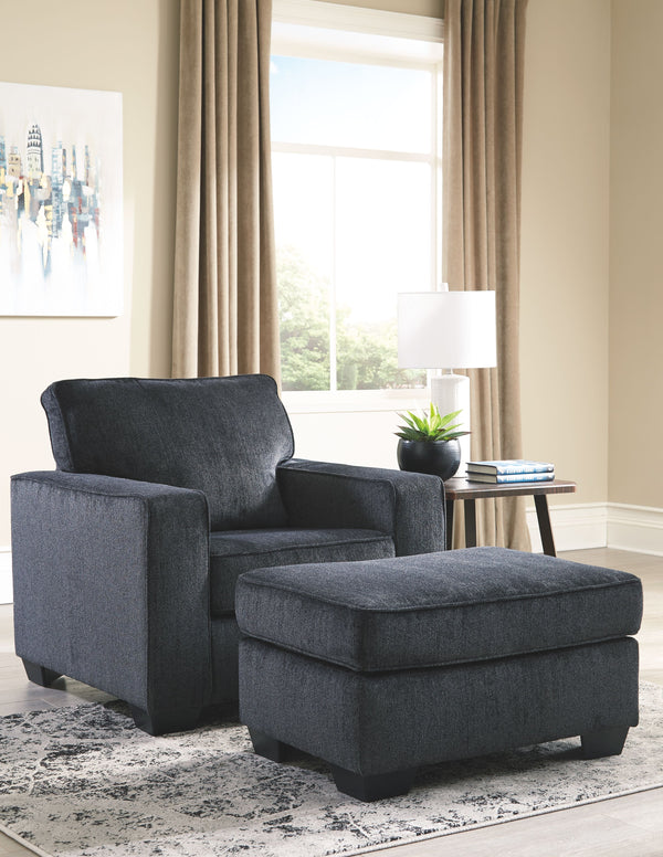 For a fresh spot in your space, turn to this designer chair and ottoman. Wind down at the end of a long day when you sink into this canyon of comfort. <h4><b>Altari - Slate - Chair</b></h4> <table width=-"100%-"><colgroup><col style=-"width: 30%