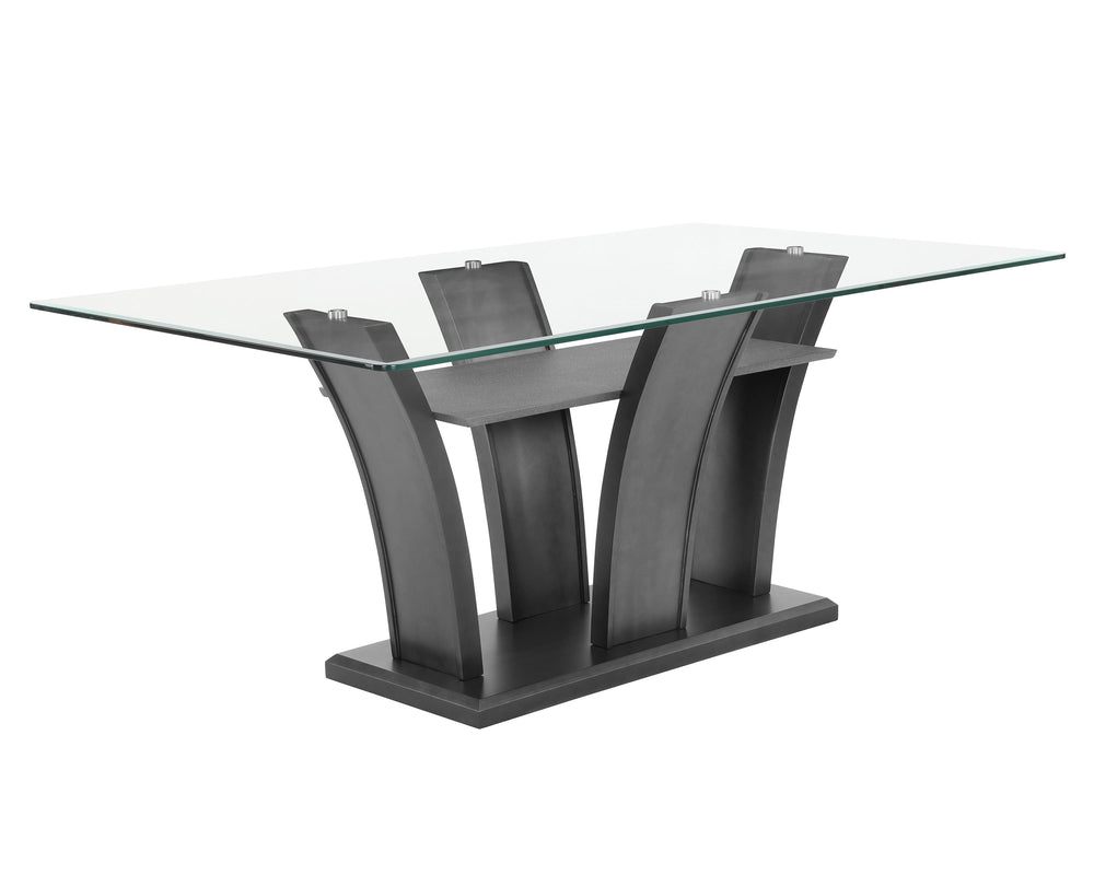 This sleek and modern dining group bridges form and function. The sculptural dining table has a sturdy base and the glass top allows views of the upholstered open shelf. Streamlined chairs and bench feature pewter finished wood and dark gray upholstery wi