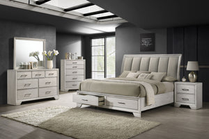  featuring a white mist finish that commands attention while maintaining a sense of warmth and coziness. The bed stands as the stunning centerpiece