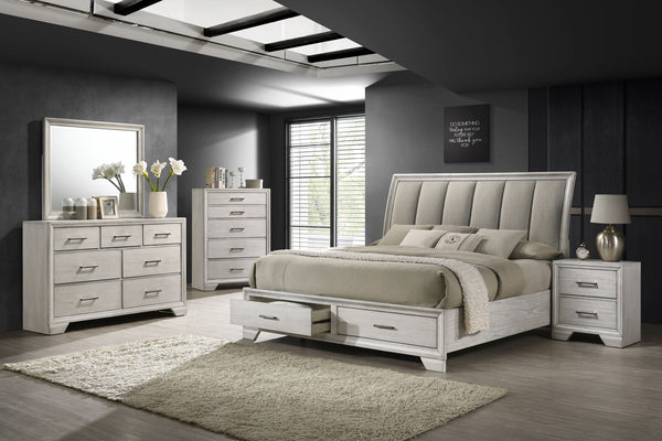  featuring a white mist finish that commands attention while maintaining a sense of warmth and coziness. The bed stands as the stunning centerpiece