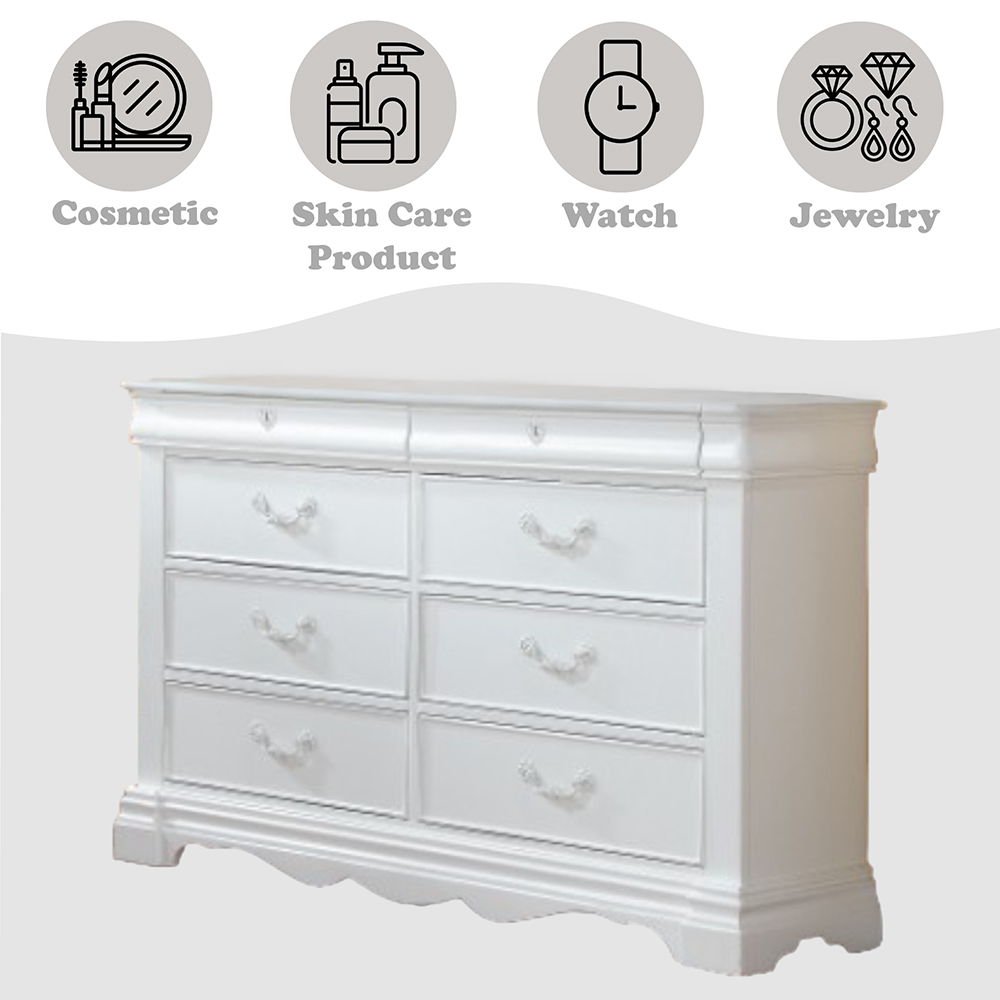 8 Drw, Hidden Top Drawer w/Faux Key Decor Drawer: GLIDE Center Metal (Kenlin), DT French Front & English Back, Felt-Lined Top Drawer<br/><br/><b>Product Features</b><ul><li>8 Drw (Hidden Drawer)</li><li>Casegood Drawer: GLIDE Undermount Center Metal, Dove