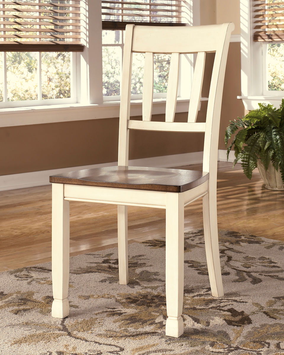 Made with select veneers and hardwood solids in a two-tone finish. Table and server top and chair seat is finished in a burnished brown color. The chair frame, table and server base is finished in cottage white paint. Antique bronze color bin pulls. Glued